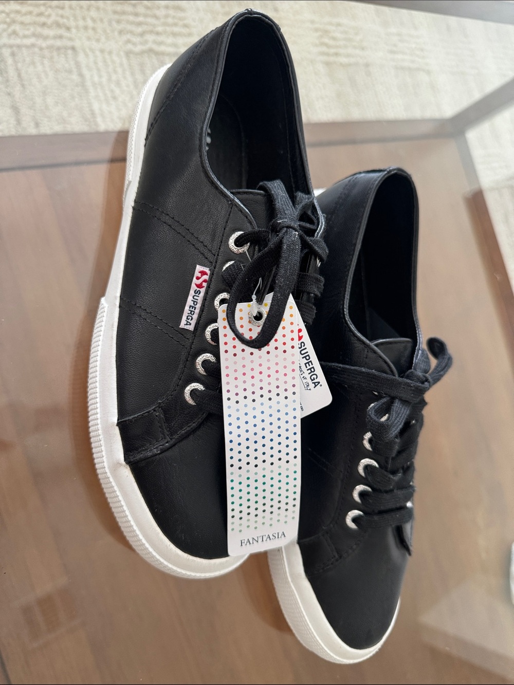 Superga Women’s  Black Leather Low-Top Sneakers with White Sole